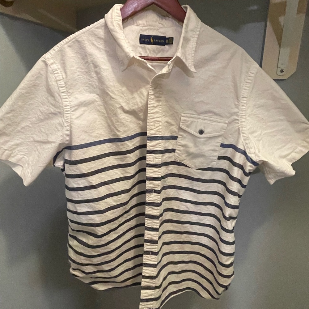 Ralph Lauren Men's White and Blue Striped Shirt